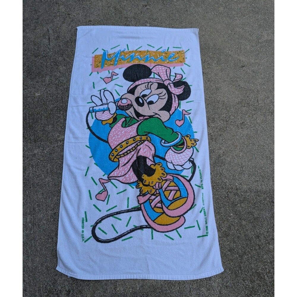 Disney Minnie Mouse 1980s Vintage Beach Towel Franco Tag Mousercise Rare Cotton